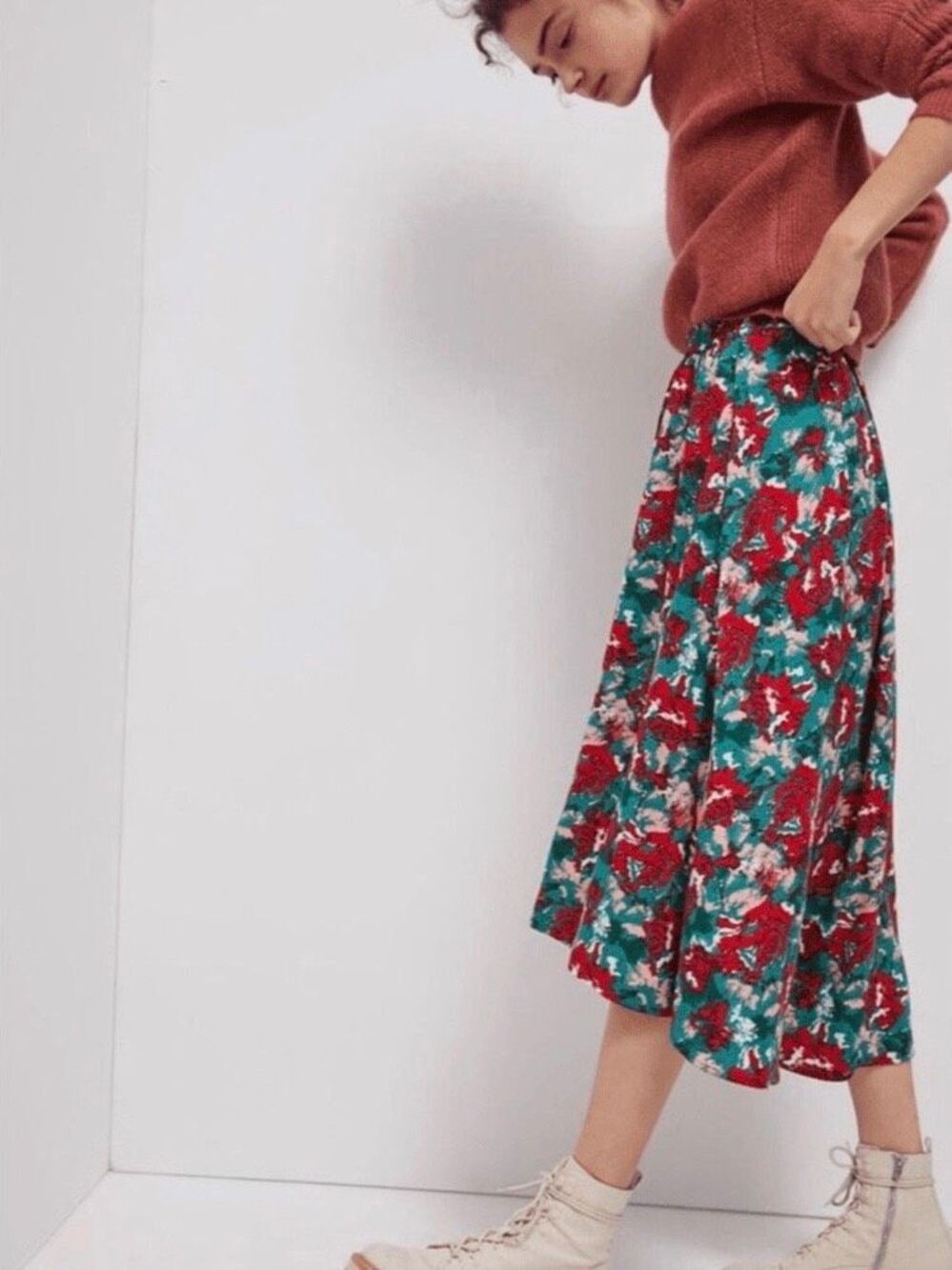 NEW Anthropologie Porridge Miley Red Green Ruffle High Low Skirt Womens XS - Picture 2 of 7
